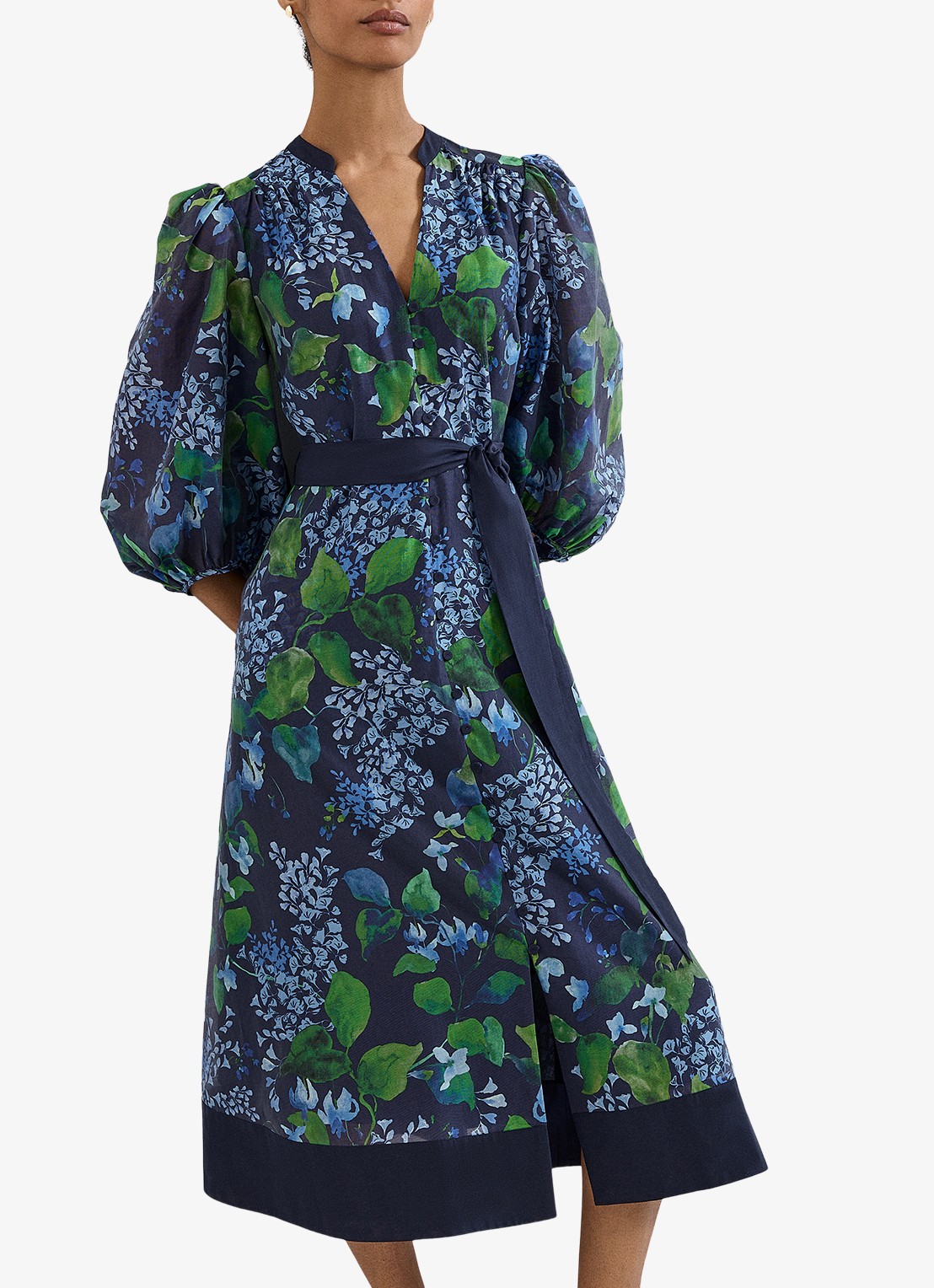 Phase Eight Midi jurk met print en strikceintuur - detail blauw