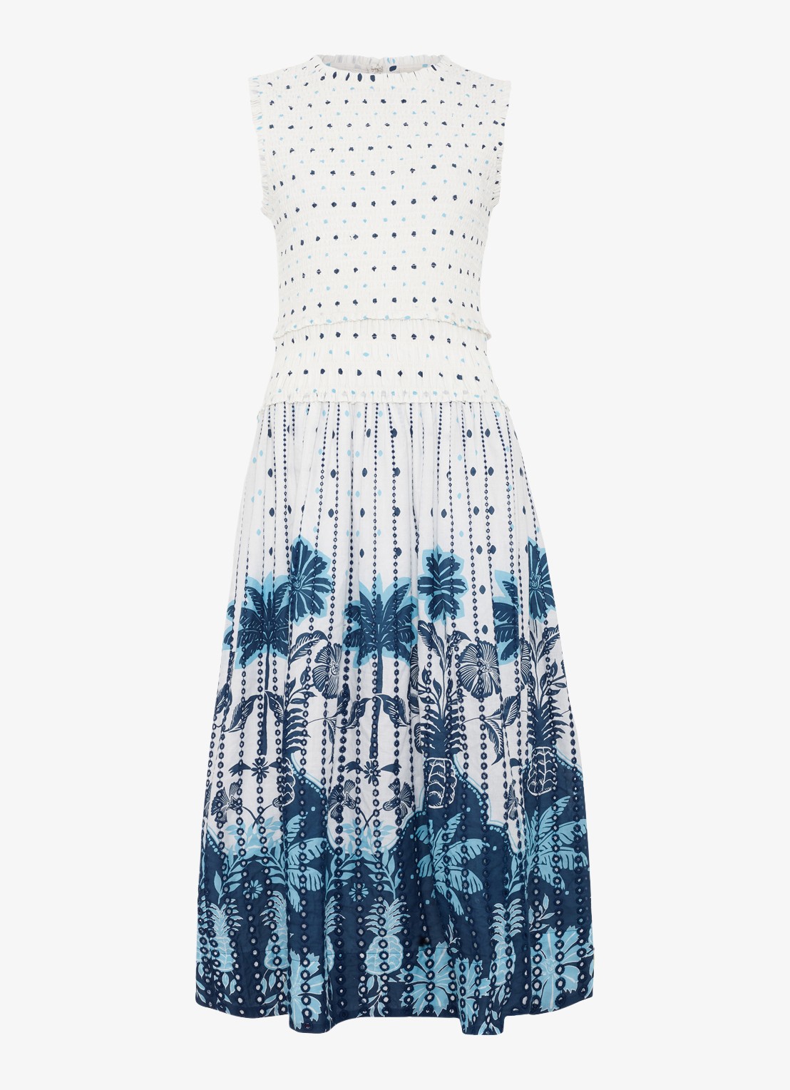 Phase Eight Midi jurk met stippenprint en smockwerk - voorkant 7 wit