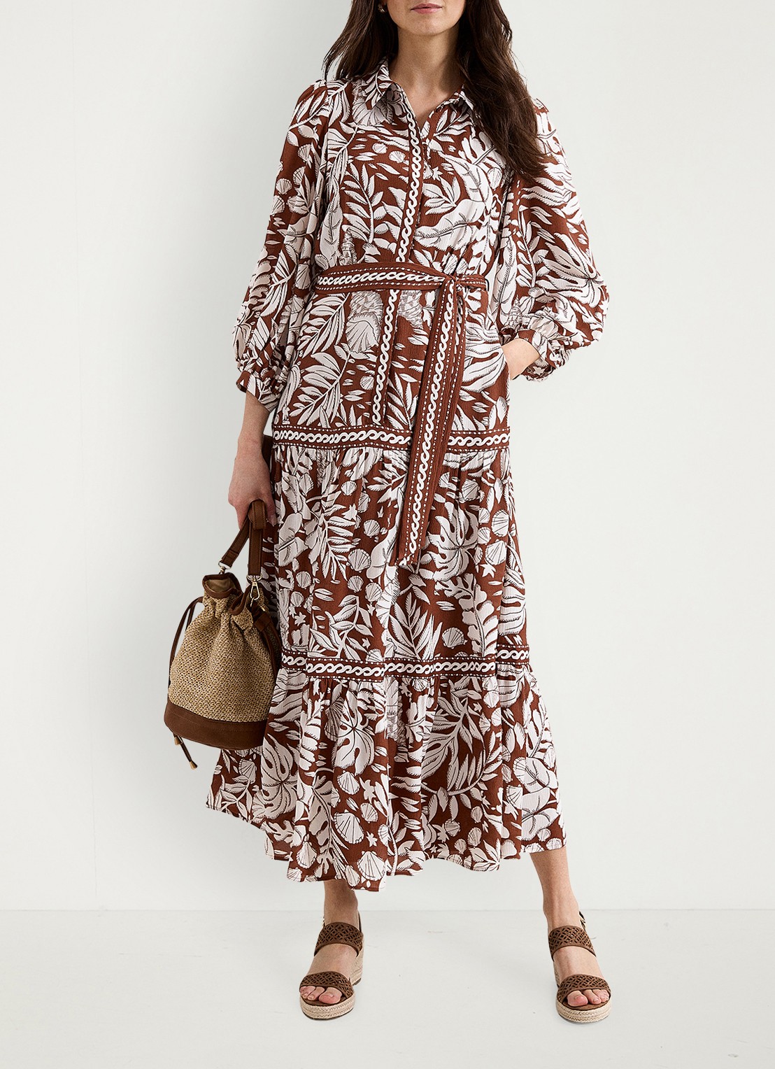 Phase Eight Midi jurk met strikceintuur en print - voorkant 2 donkerrood