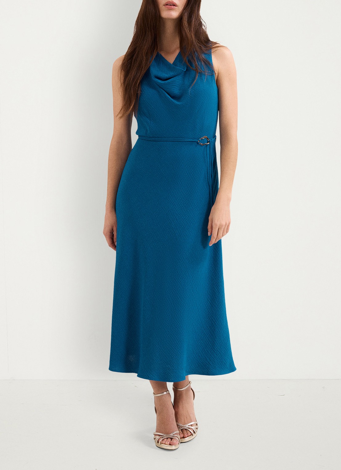 Phase Eight Midi jurk met watervalhals - voorkant 8 donkerblauw