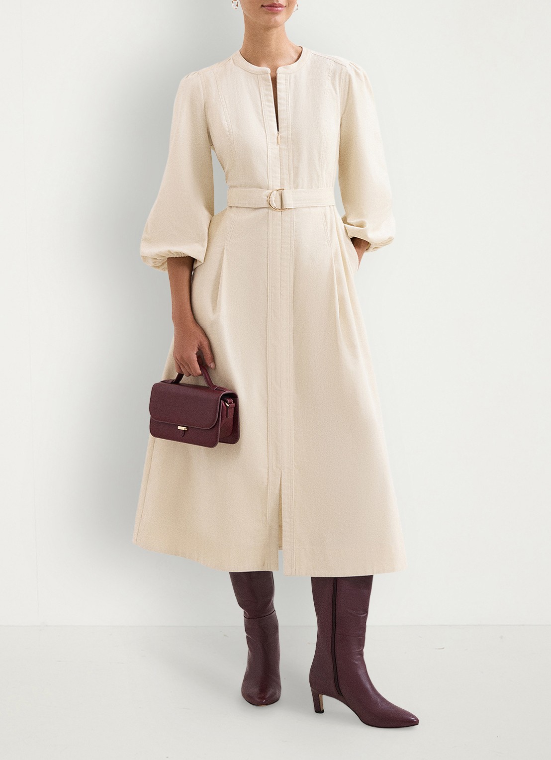 Phase Eight Midi tuniek jurk met strikceintuur - voorkant 2 beige