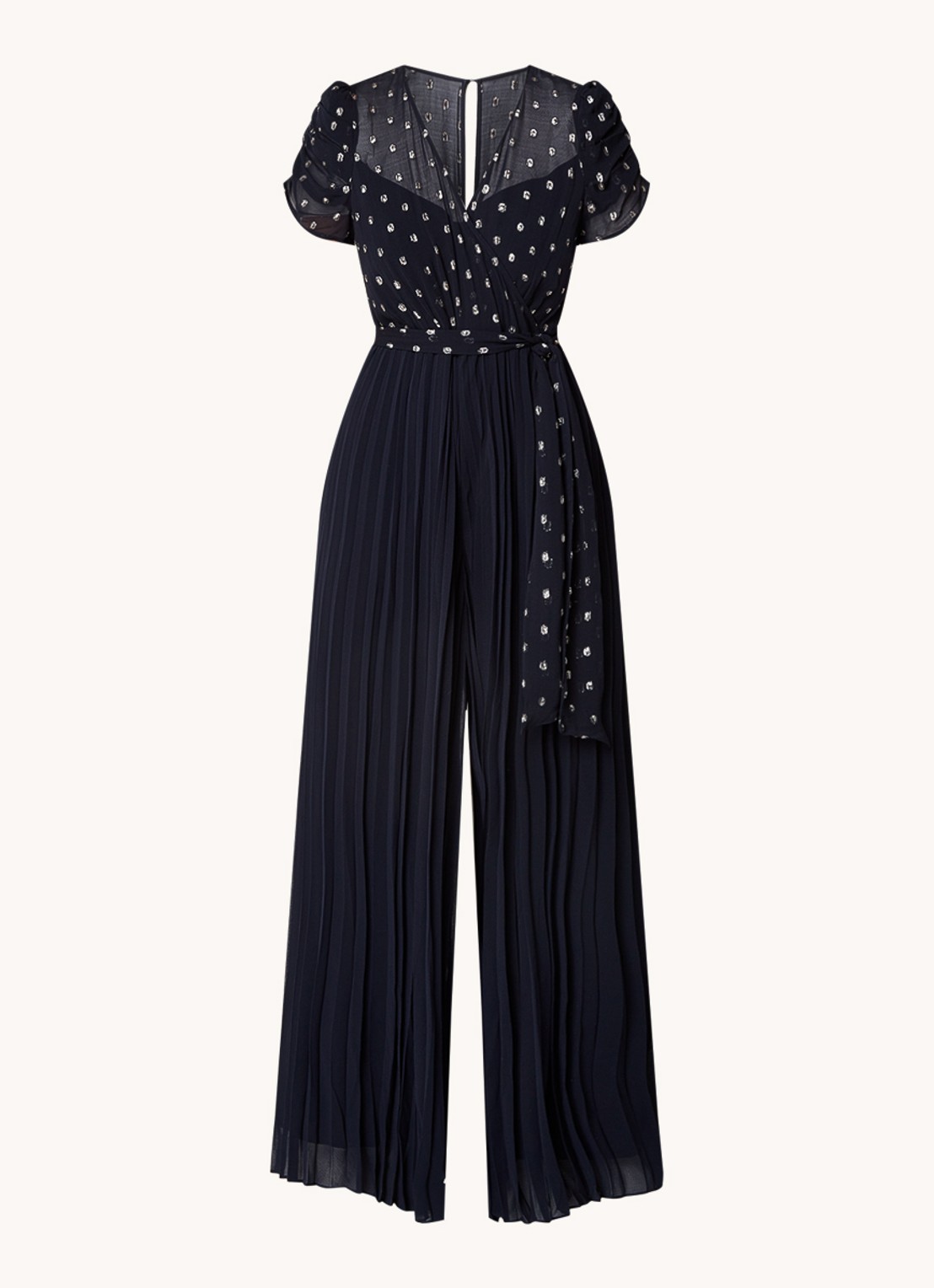 Phase Eight Molli wide fit jumpsuit met stippenprint en strikceintuur - voorkant 3 donkerblauw