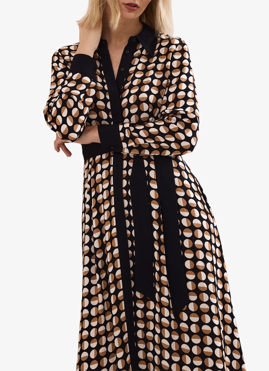 Phase Eight Naomi midi blousejurk met strikceintuur en grafische print - detail 4 bruin