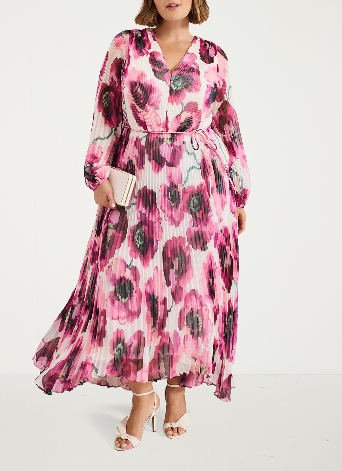 Phase Eight Natalia midi jurk met plissé en asymmetrische zoom - detail 4 donkerroze