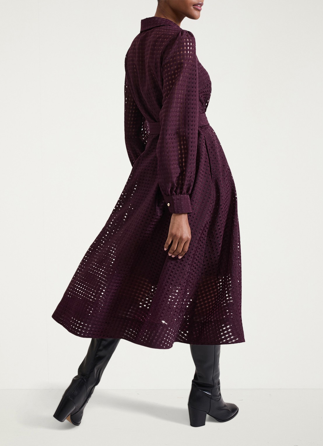Phase Eight Natalie midi blousejurk met strikceintuur - achterkant donkerpaars