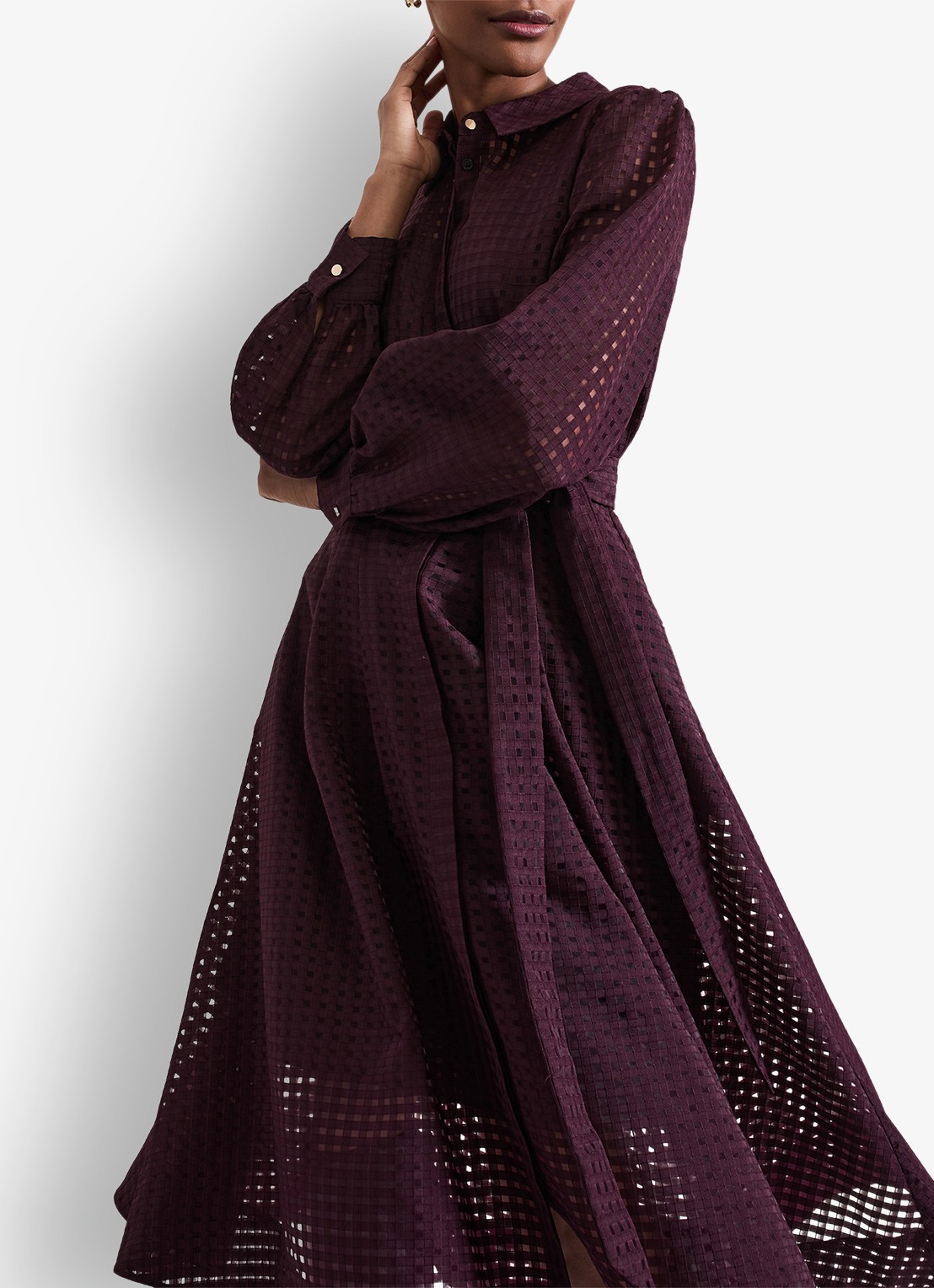 Phase Eight Natalie midi blousejurk met strikceintuur - voorkant 7 donkerpaars