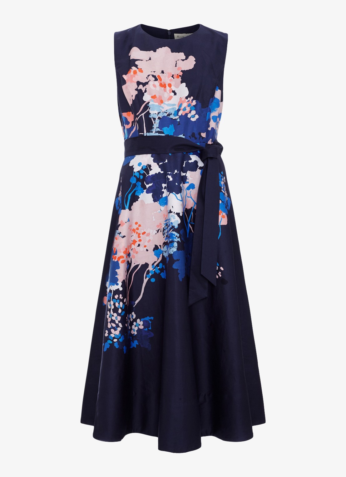 Phase Eight Natalya midi jurk met bloemenprint en strikceintuur - voorkant 2 donkerblauw