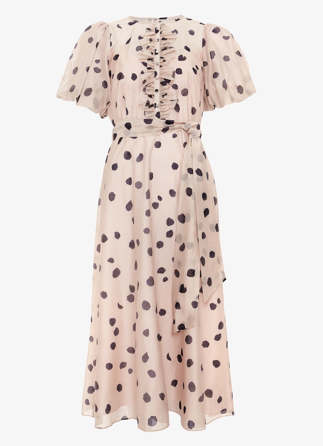 Phase Eight Nicola midi jurk  met stippenprint en strikceintuur - voorkant 6 lichtroze