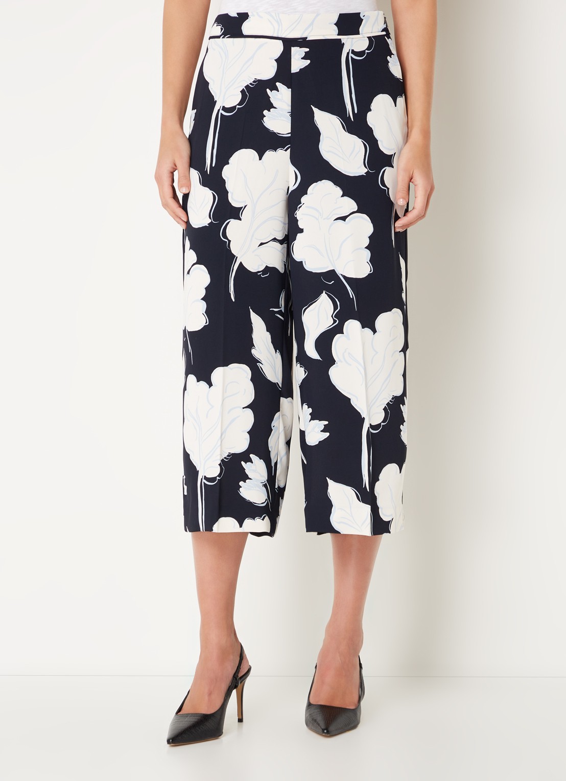 Phase Eight Noelle high waist wide fit culotte met bladprint - detail 4 donkerblauw