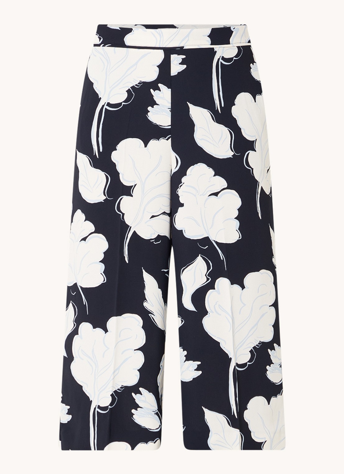 Phase Eight Noelle high waist wide fit culotte met bladprint - voorkant 2 donkerblauw