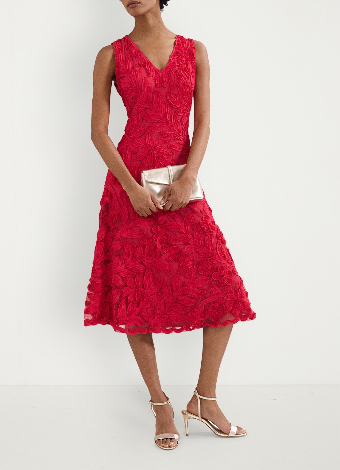 Phase Eight Paloma midi jurk met bloemborduring - voorkant 7 rood