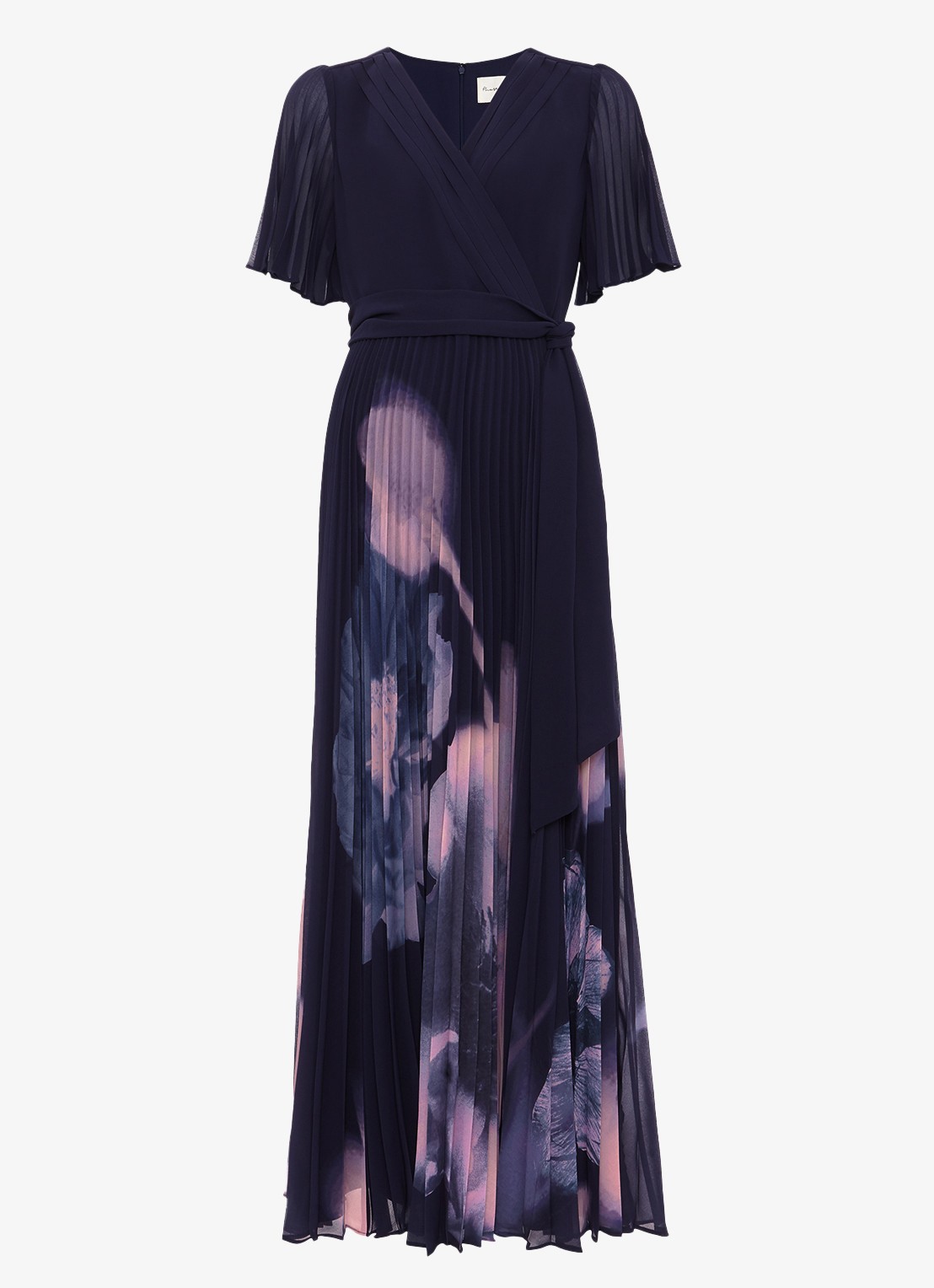 Phase Eight Petite Abigail maxi jurk met bloemenprint en plissé - voorkant donkerblauw