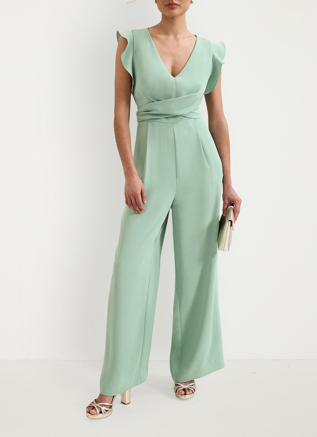 Phase Eight Petite Ayla wide fit jumpsuit met strikceintuur - voorkant 7 mint