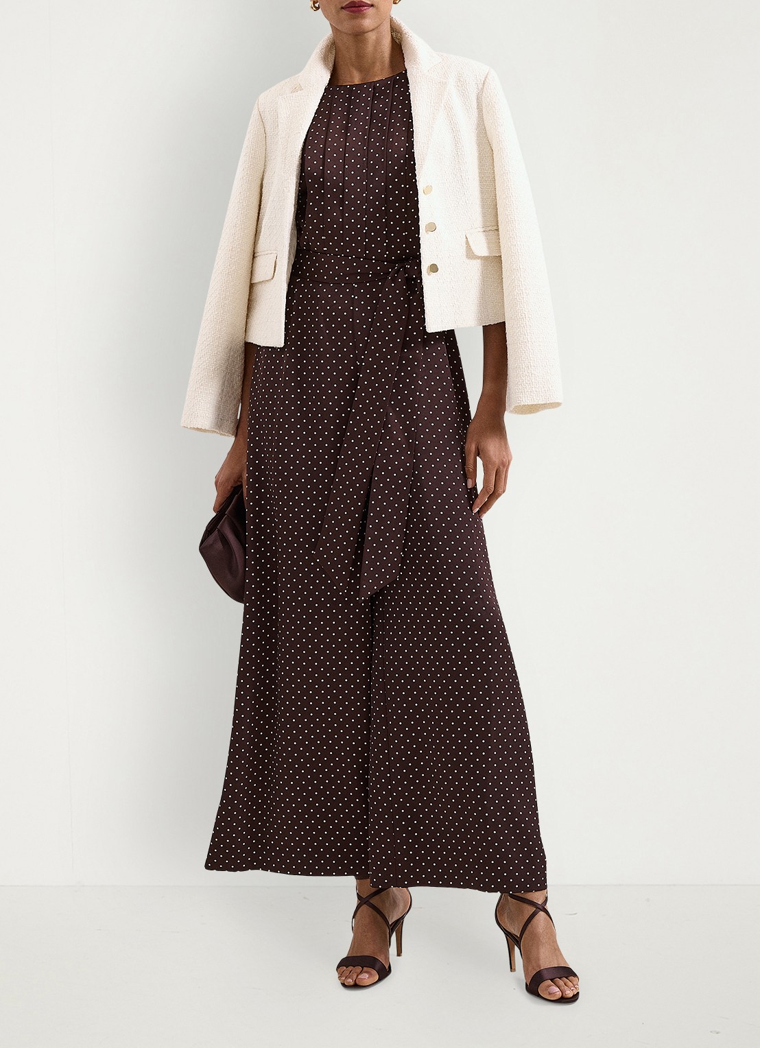 Phase Eight Petite Janine wide fit jumpsuit met stippenprint - detail 5 donkerbruin