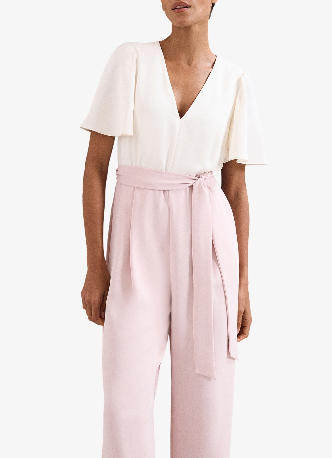 Phase Eight Petite Kallie wide fit jumpsuit met steekzakken en strikceintuur - voorkant 2 oudroze