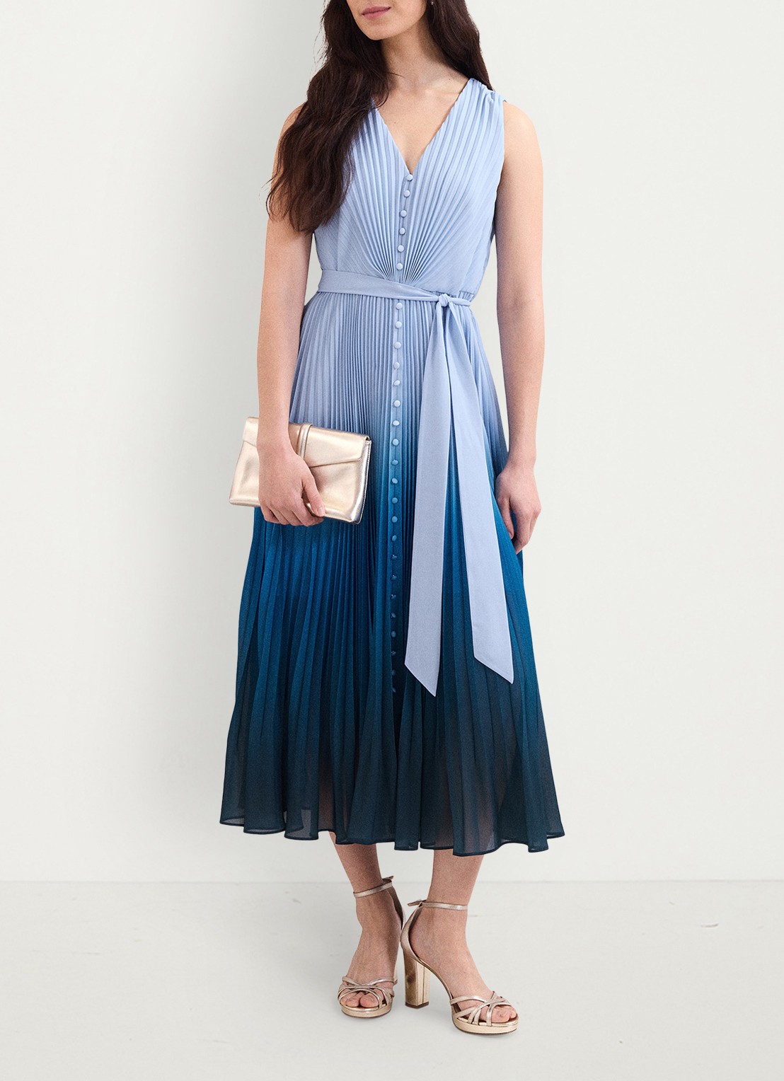Phase Eight Petite Mira midi jurk met strikceintuur - voorkant 3 blauw