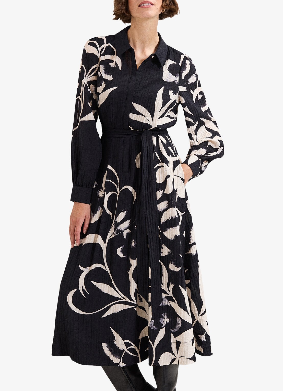 Phase Eight Petite Natalie midi tuniekjurk met print en strikceintuur - detail 4 zwart