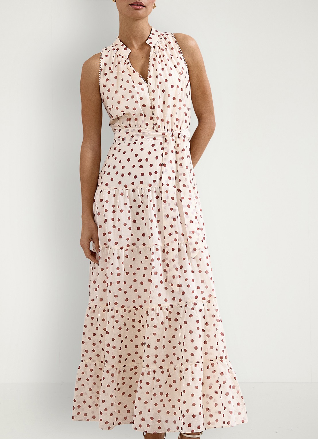 Phase Eight Petite Nita maxi jurk met stippenprint en strikceintuur - detail gebroken wit