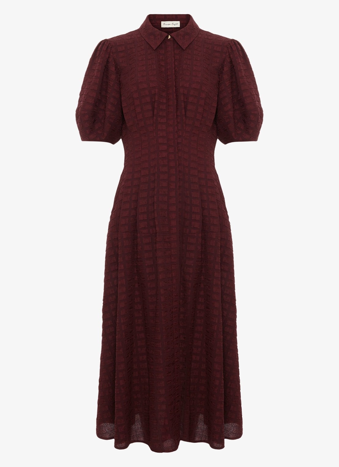 Phase Eight Petite Yasmine midi jurk met pofmouw en steekzakken - voorkant 2 bordeauxrood
