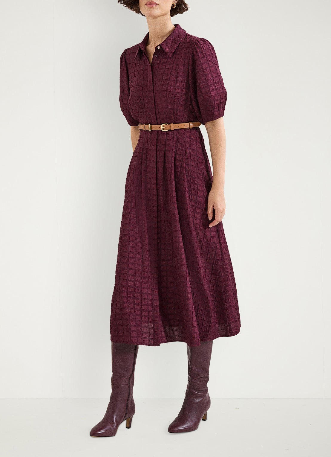 Phase Eight Petite Yasmine midi jurk met pofmouw en steekzakken - voorkant 3 bordeauxrood