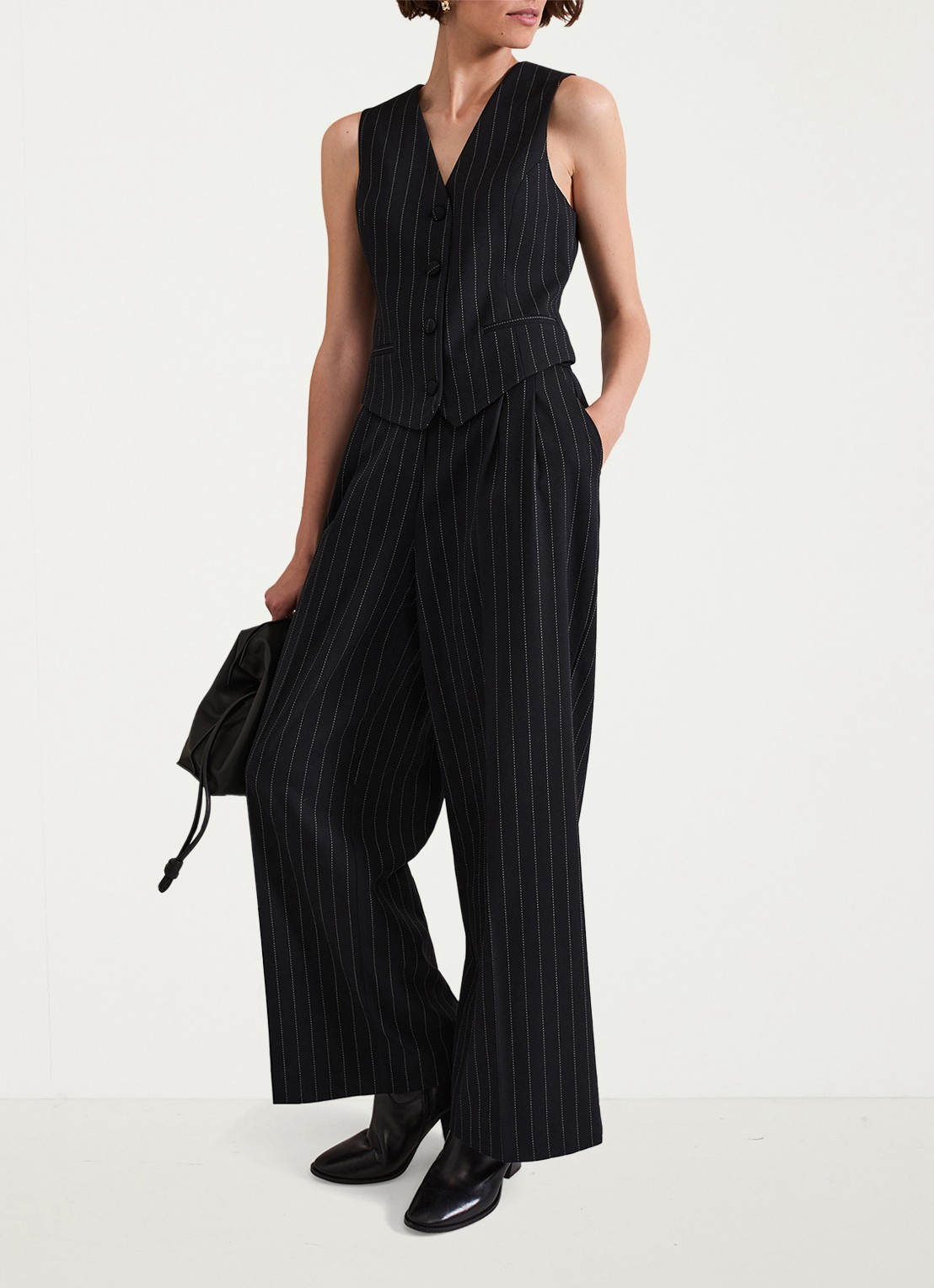 Phase Eight Pia high waist wide fit pantalon met krijtstreep en lurex - voorkant 3 donkerblauw
