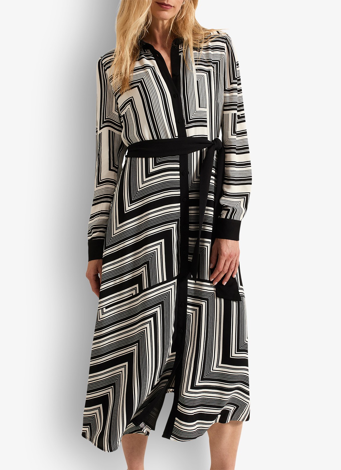 Phase Eight Pia midi blousejurk grafische print - voorkant 7 zwart