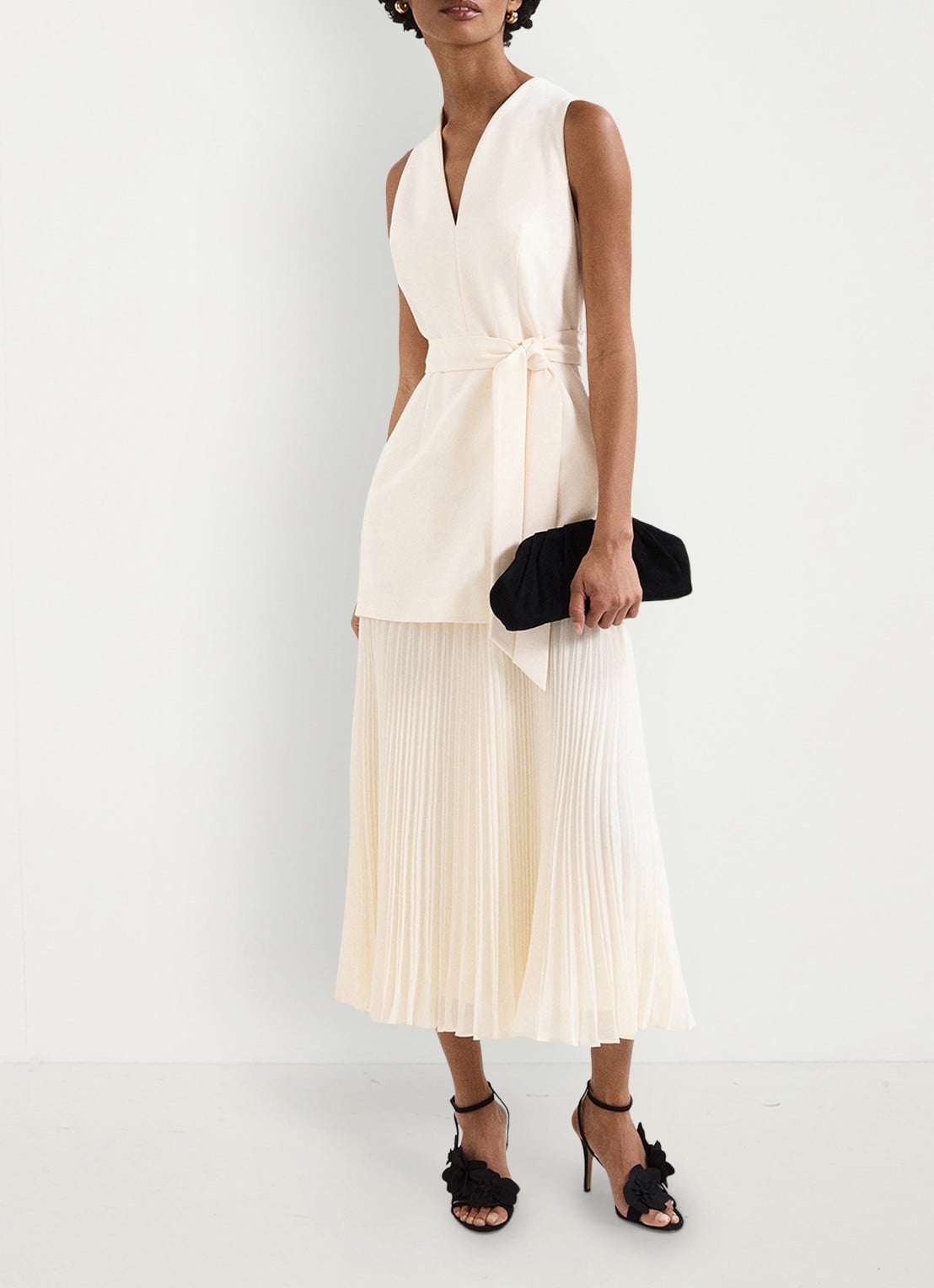 Phase Eight Pia midi jurk met strikceintuur en plooien - voorkant 2 ivory