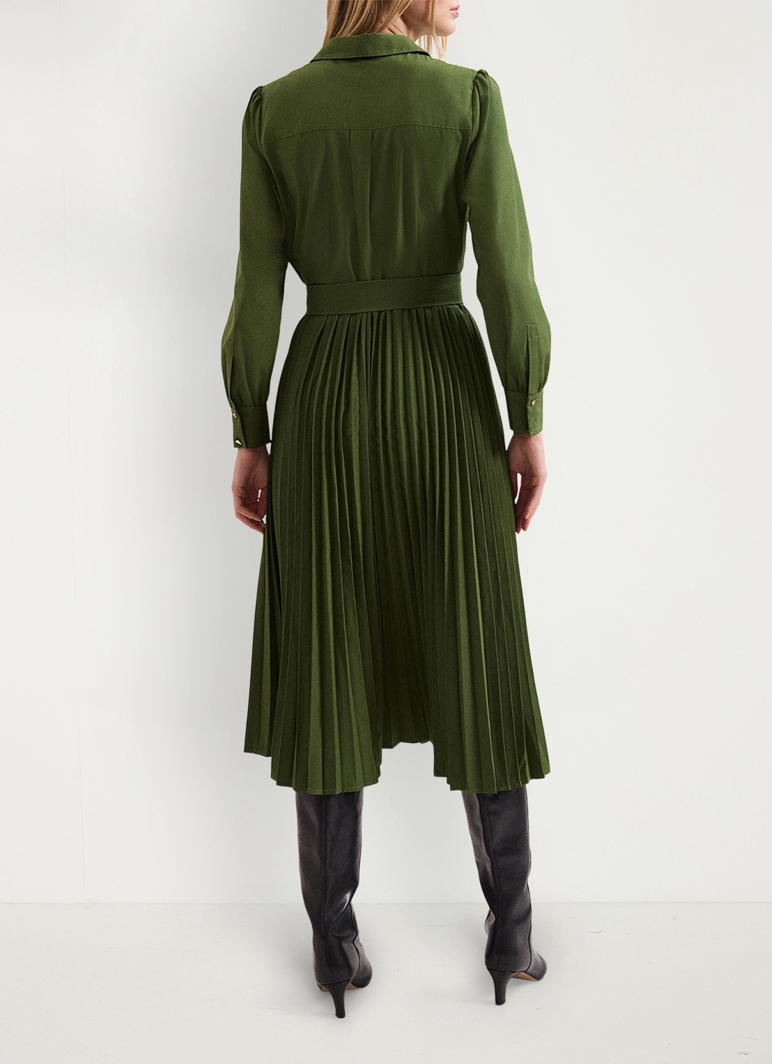 Phase Eight Pleated midi jurk met pofmouwen - achterkant olijfgroen
