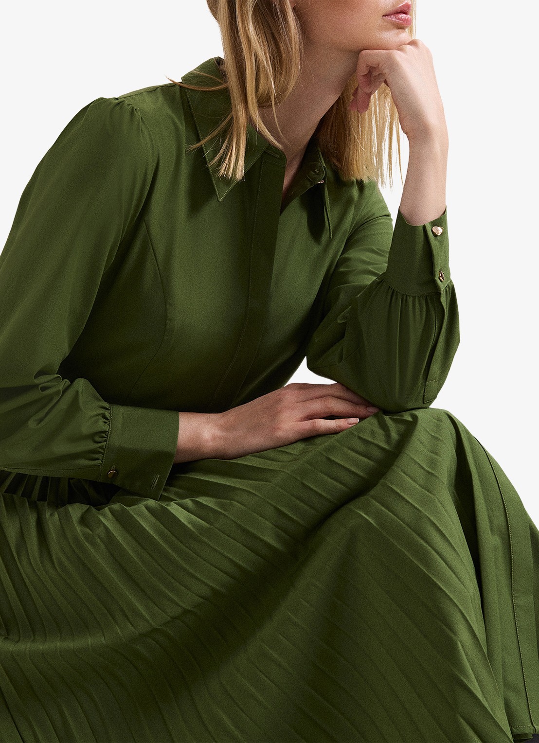 Phase Eight Pleated midi jurk met pofmouwen - detail 8 olijfgroen