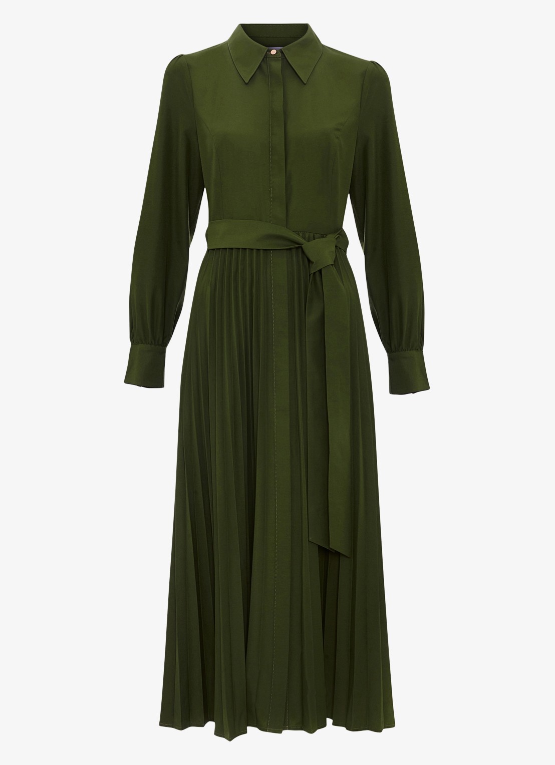 Phase Eight Pleated midi jurk met pofmouwen - voorkant 2 olijfgroen