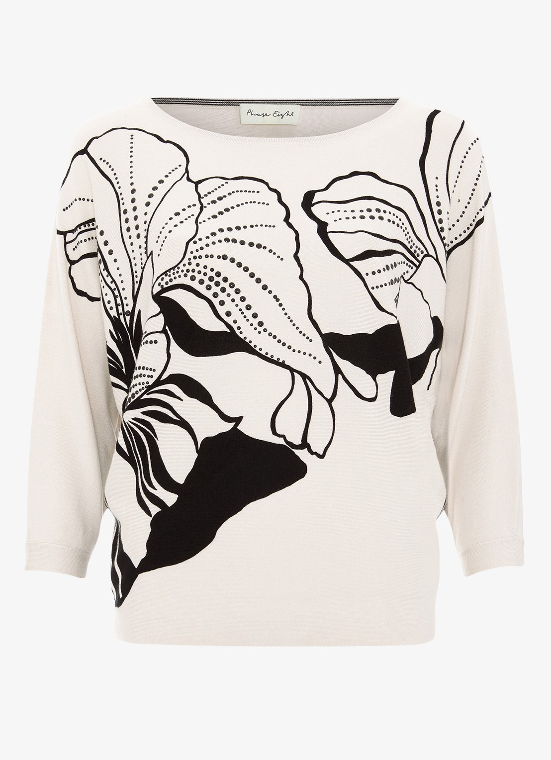 Phase Eight Poppie fijngebreide top met bladprint en studs - voorkant ivoor