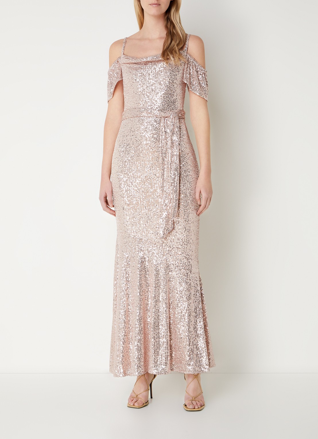 Phase Eight Poppy maxi jurk met pailletten en strikceintuur - voorkant 3 oudroze