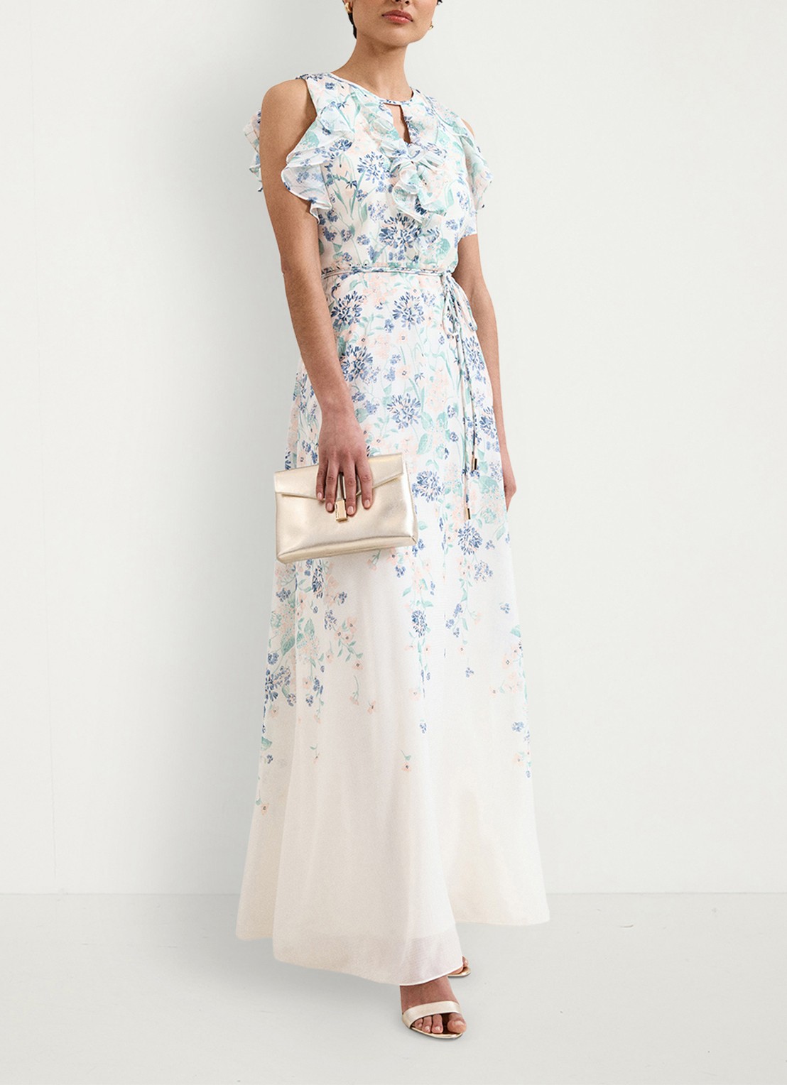 Phase Eight Rachel maxi jurk met bloemenprint en strikceintuur - voorkant 7 creme