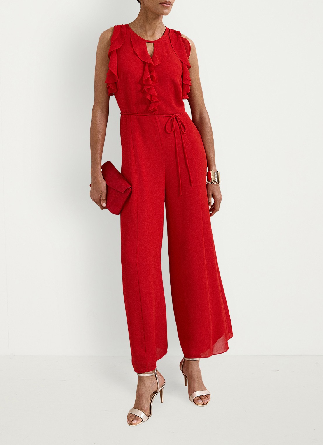 Phase Eight Rachel wide fit jumpsuit met ruches - voorkant 2 vuurrood