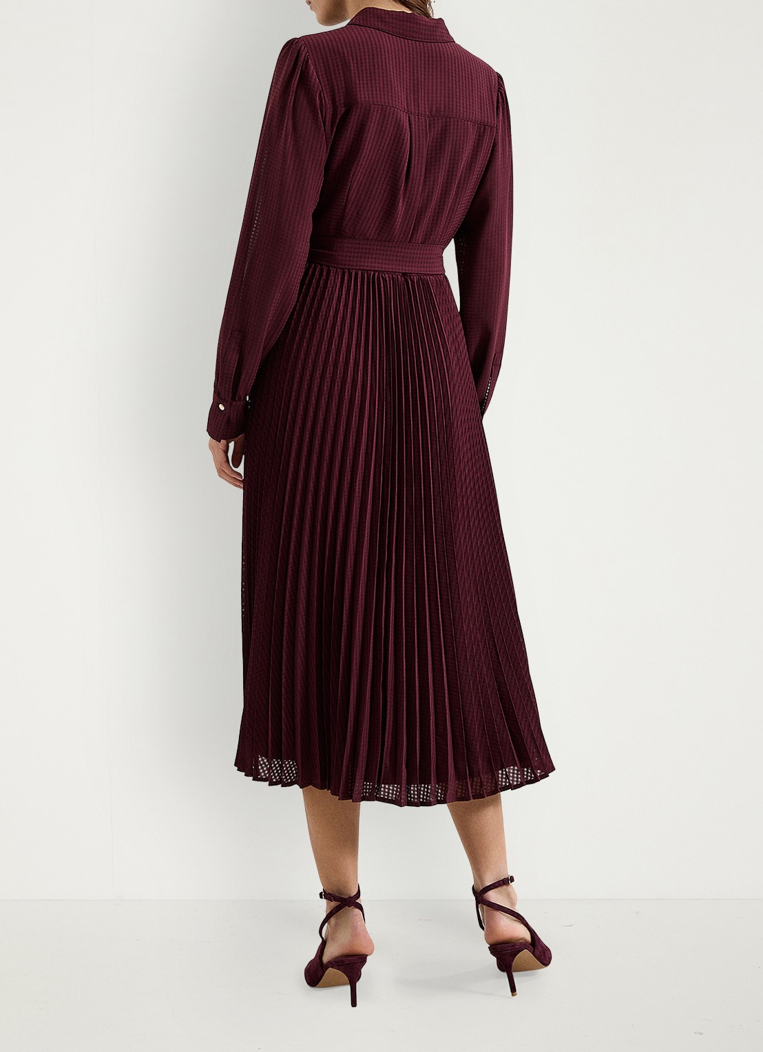Phase Eight Ren midi blousejurk met print en strikceintuur - achterkant 8 bordeauxrood
