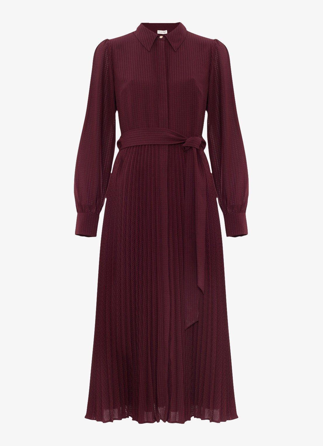 Phase Eight Ren midi blousejurk met print en strikceintuur - voorkant 6 bordeauxrood