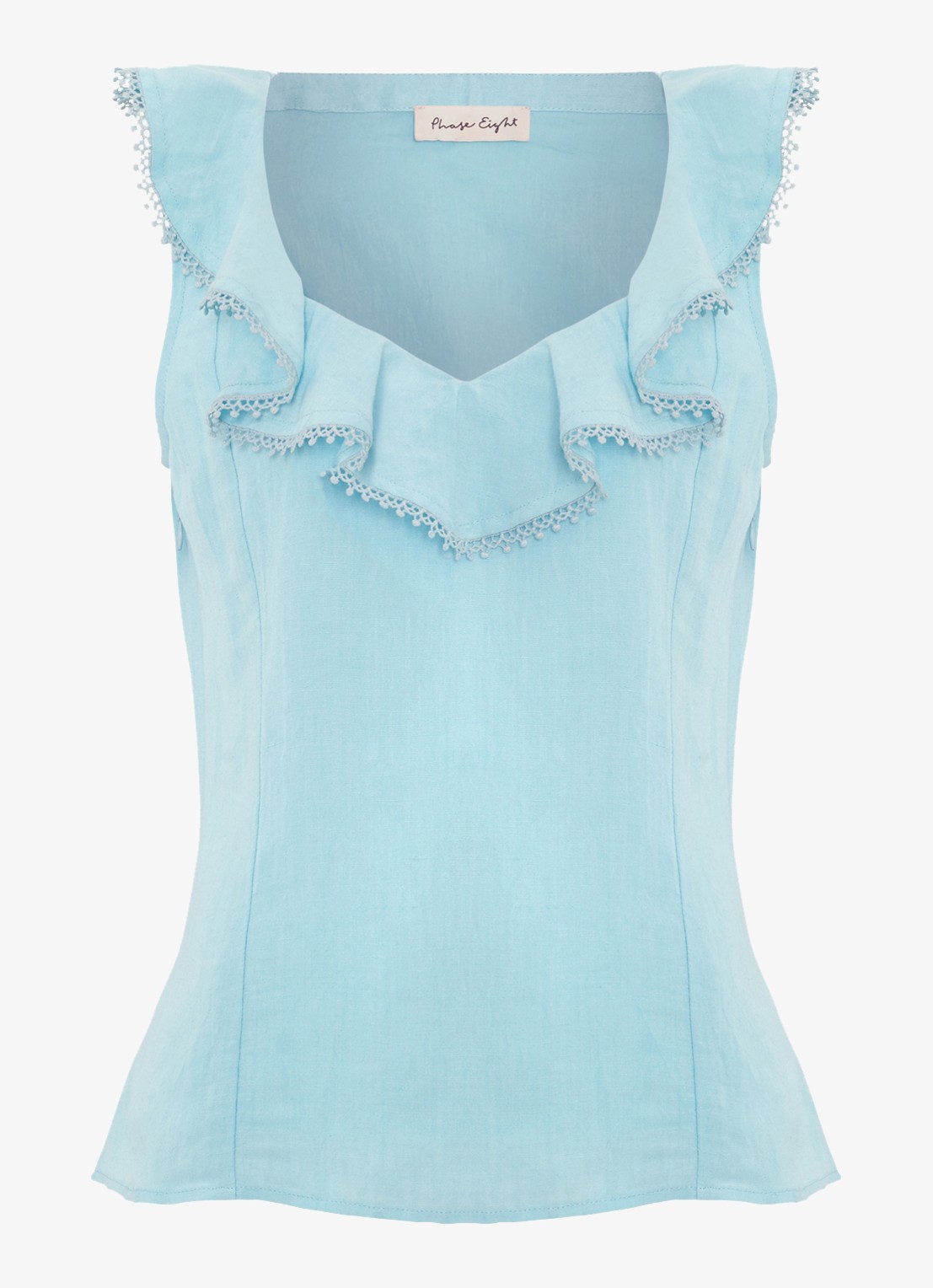 Phase Eight Rhona top in linnenblend met volant - voorkant 2 lichtblauw