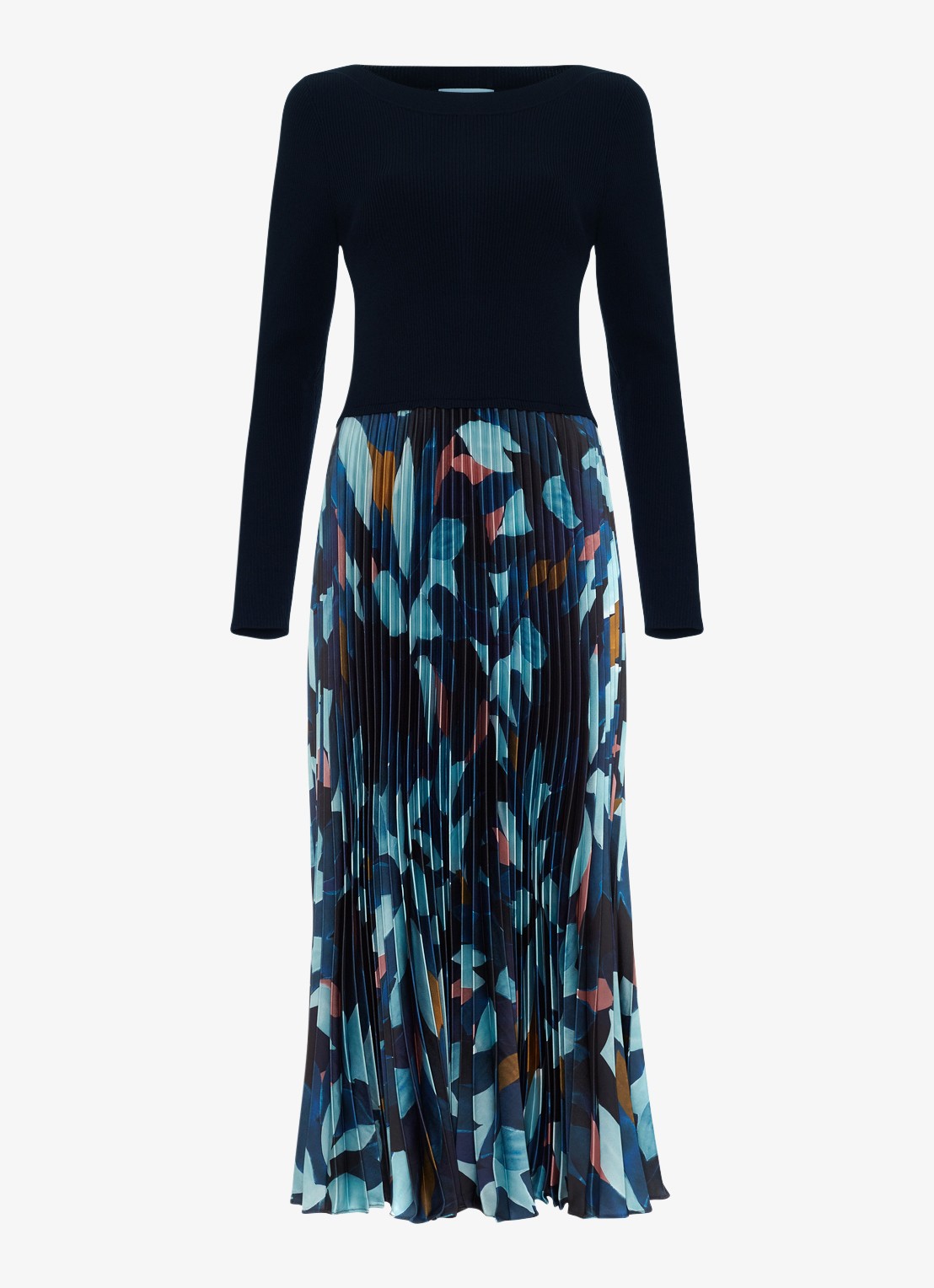 Phase Eight Riley fijngebreide midi jurk met bloememprint en plooien - voorkant multicolor