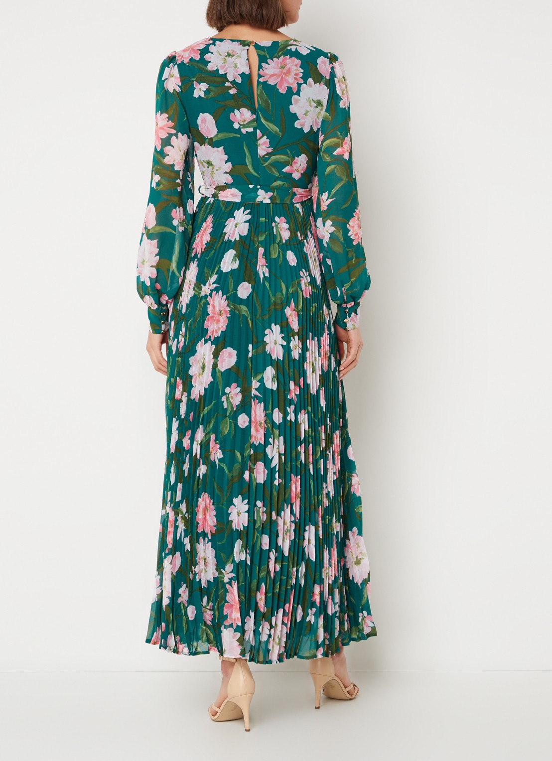 Phase Eight Rosa maxi tuniekjurk met bloemenprint en plissé  - achterkant donkergroen