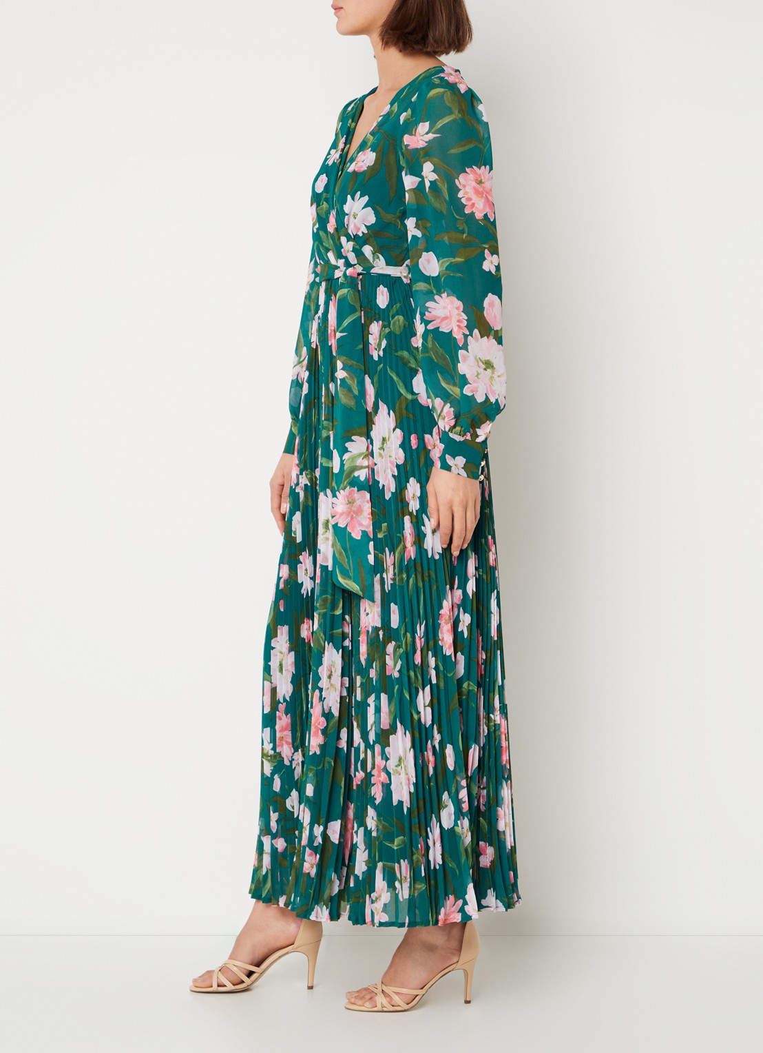 Phase Eight Rosa maxi tuniekjurk met bloemenprint en plissé  - voorkant 3 donkergroen