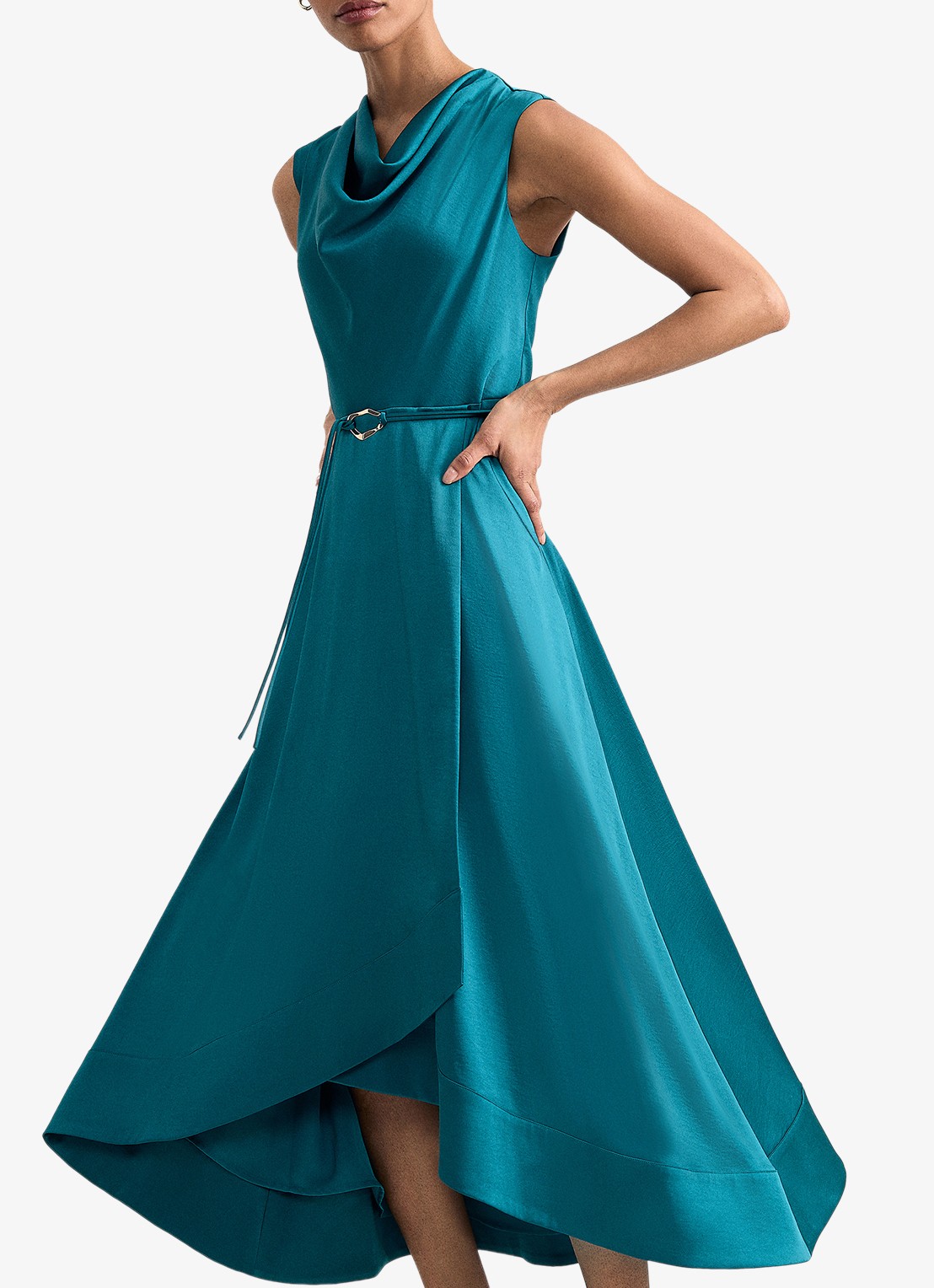 Phase Eight Sabrianna midi jurk met ceintuur en watervalhals - detail 2 petrol