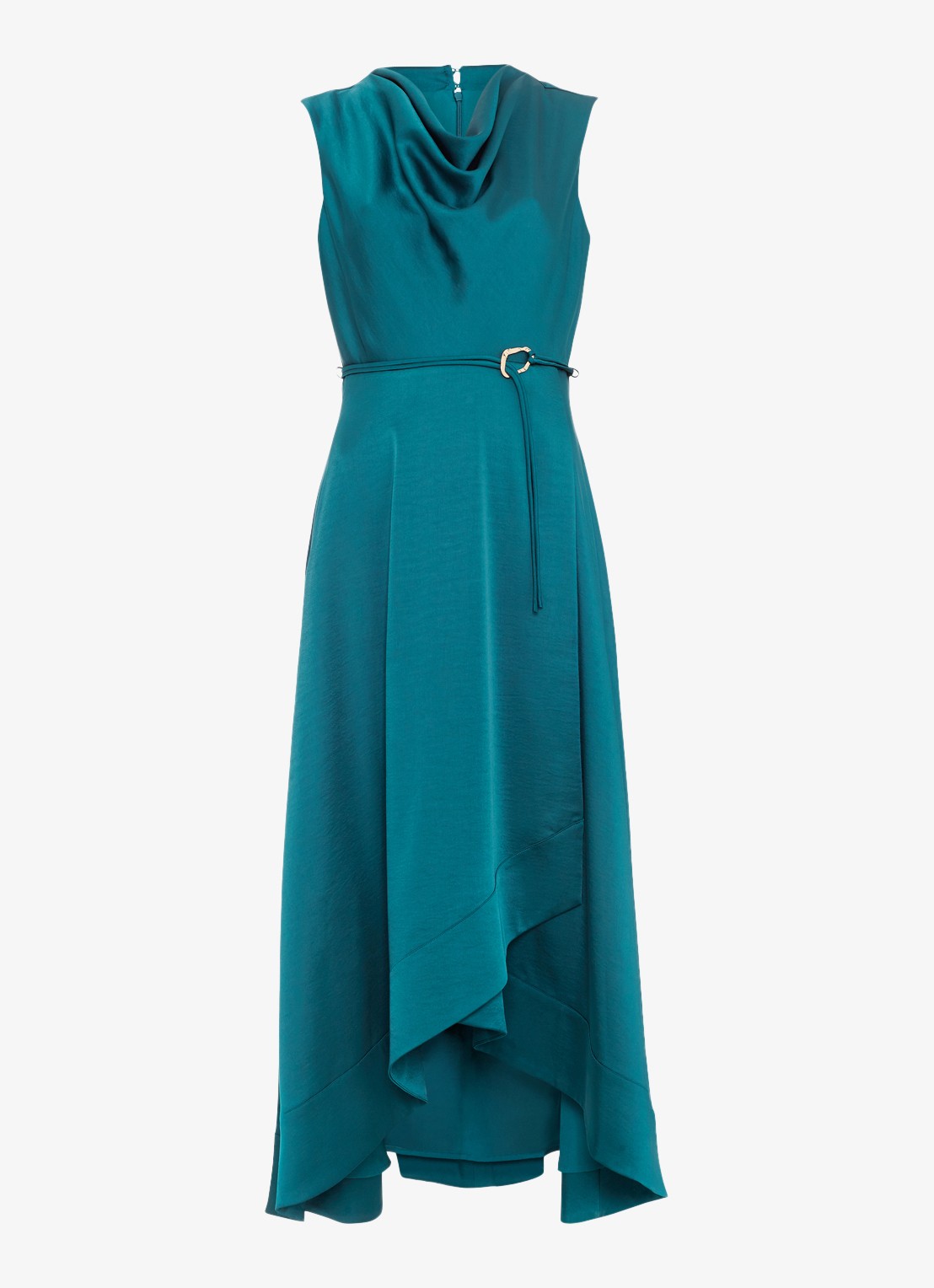 Phase Eight Sabrianna midi jurk met ceintuur en watervalhals - voorkant 7 petrol