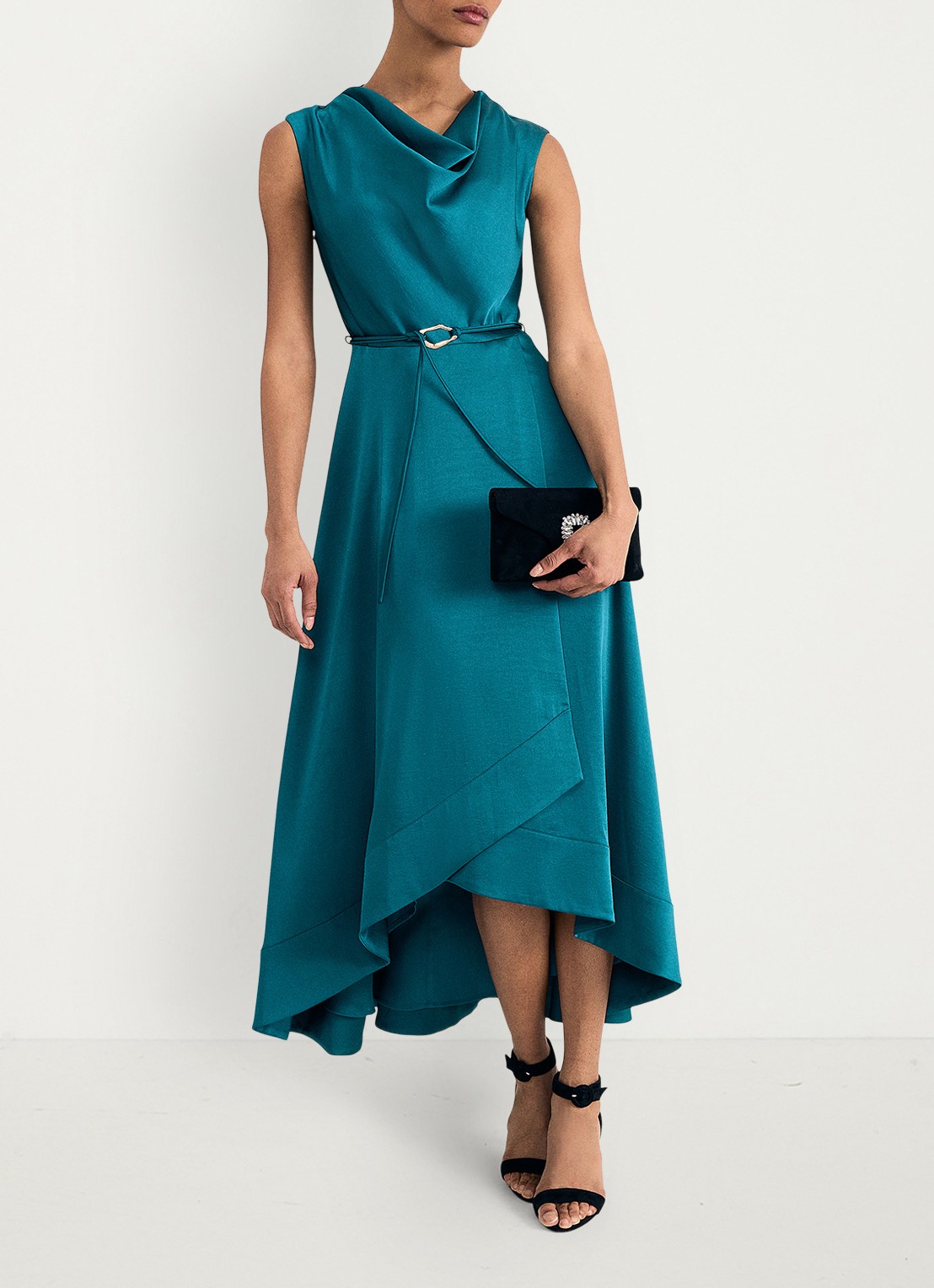 Phase Eight Sabrianna midi jurk met ceintuur en watervalhals - voorkant 8 petrol