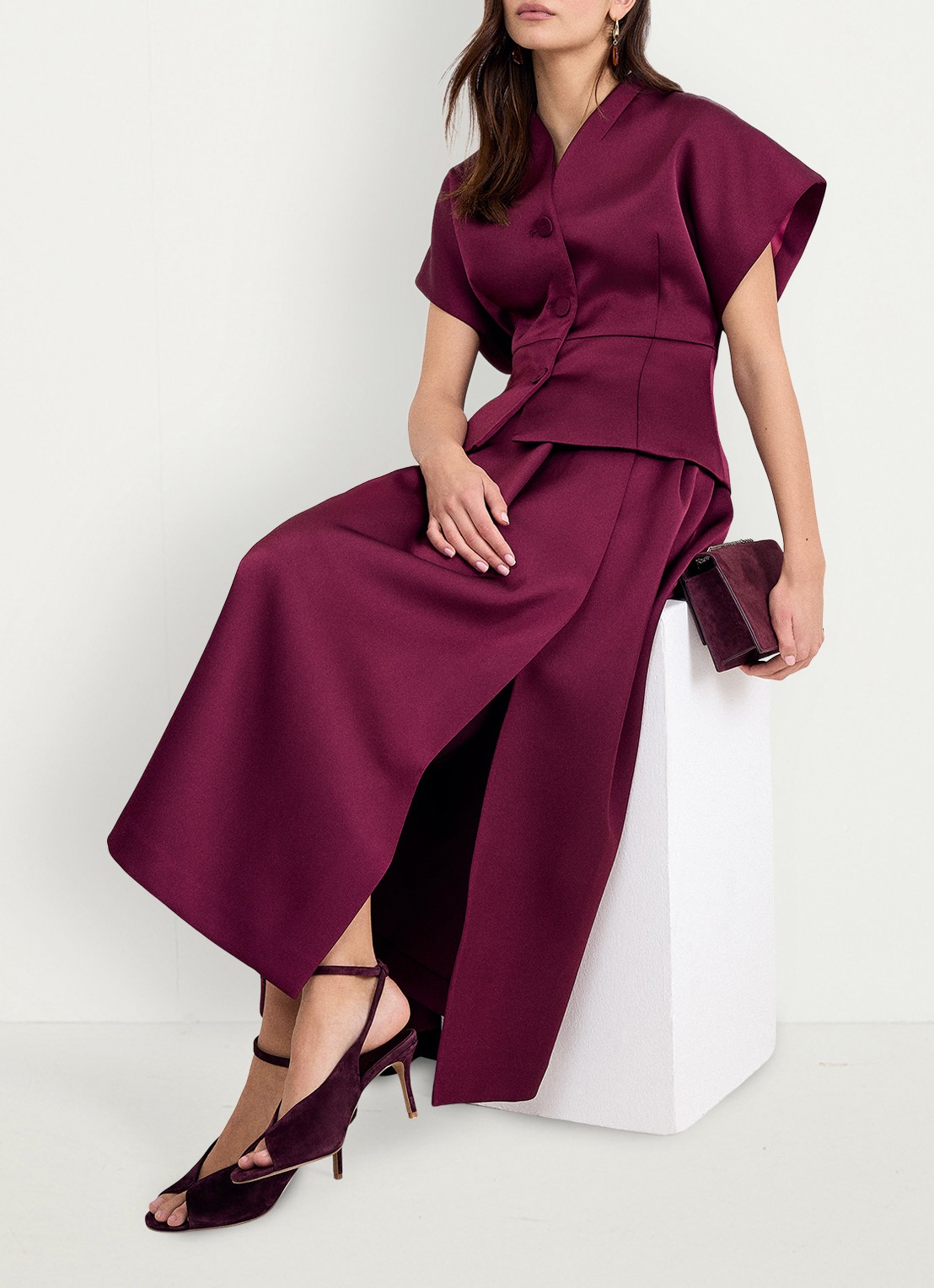 Phase Eight Sally maxi rok met plooien en split - detail 5 bordeauxrood