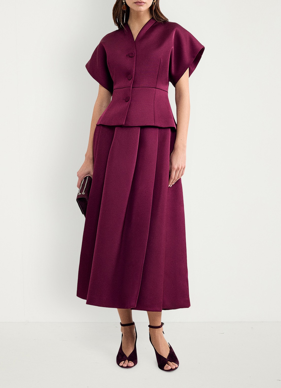Phase Eight Sally maxi rok met plooien en split - voorkant 2 bordeauxrood