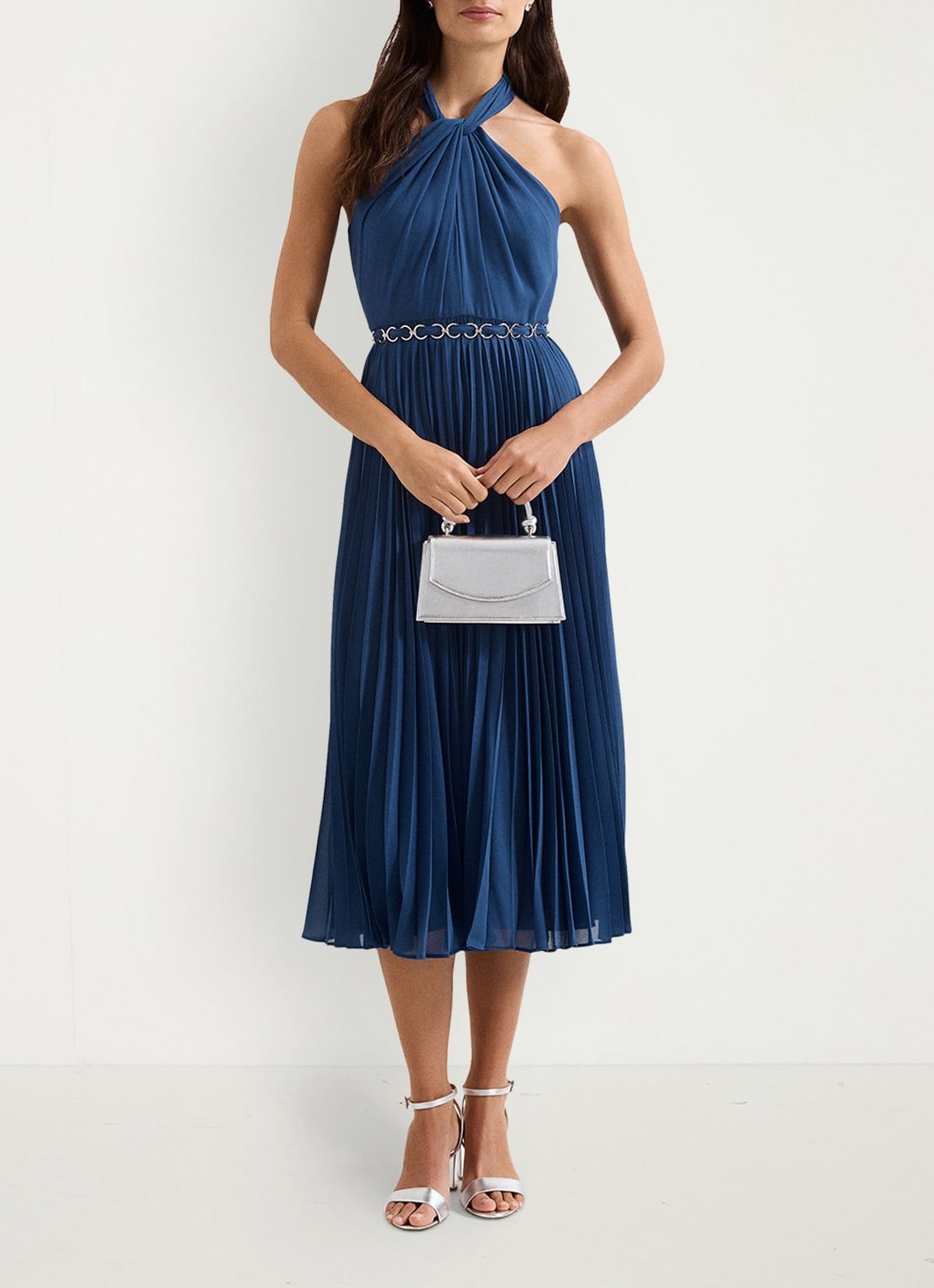 Phase Eight Sathia midi jurk met plooien - voorkant 8 donkerblauw