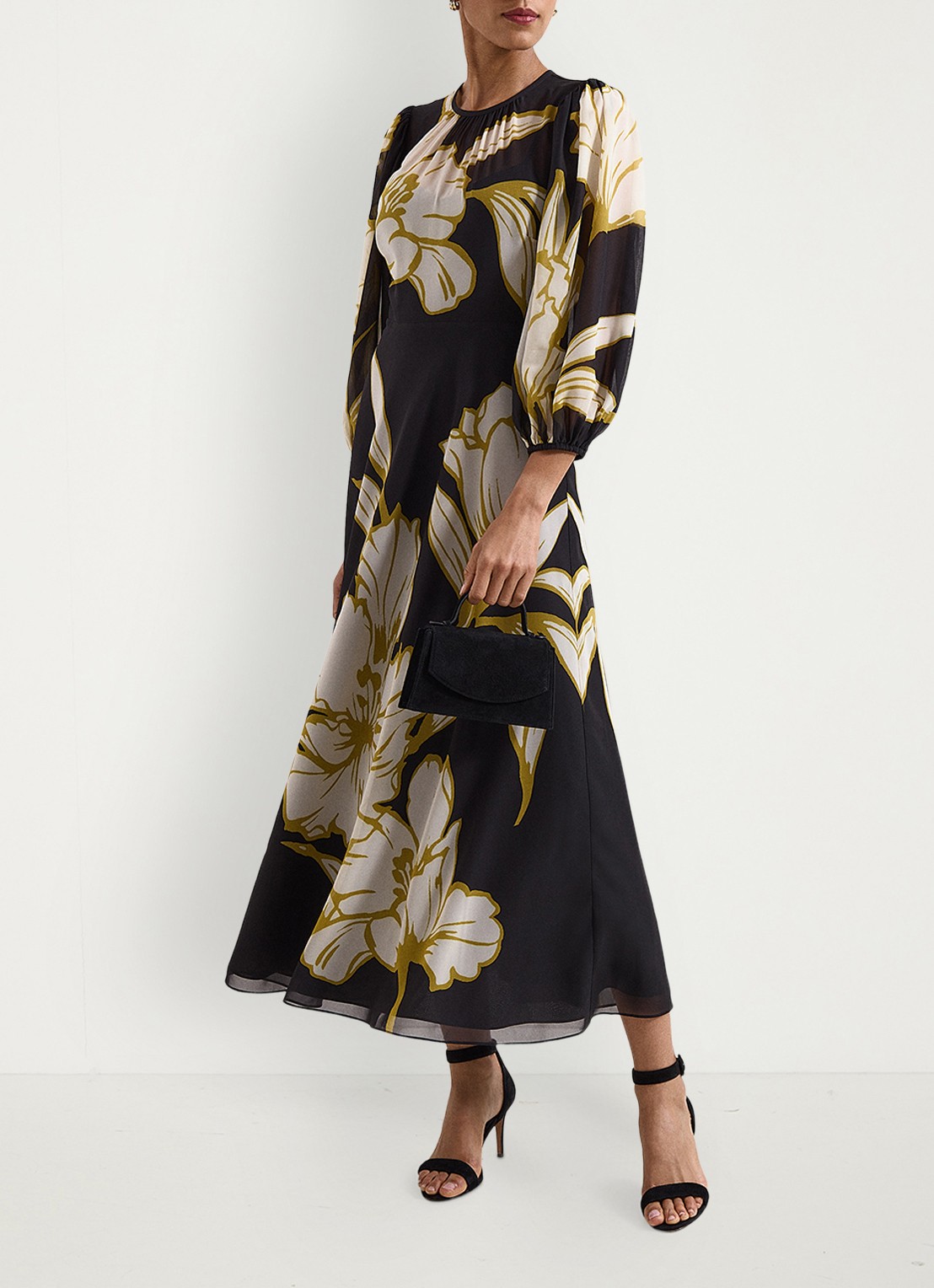Phase Eight Semi-transparante midi jurk met print - voorkant 3 zwart