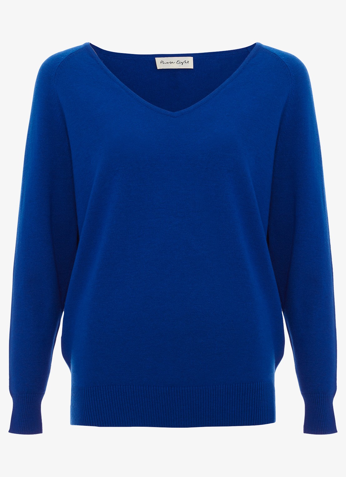 Phase Eight Senita fijngebreide trui met V-hals - voorkant blauw
