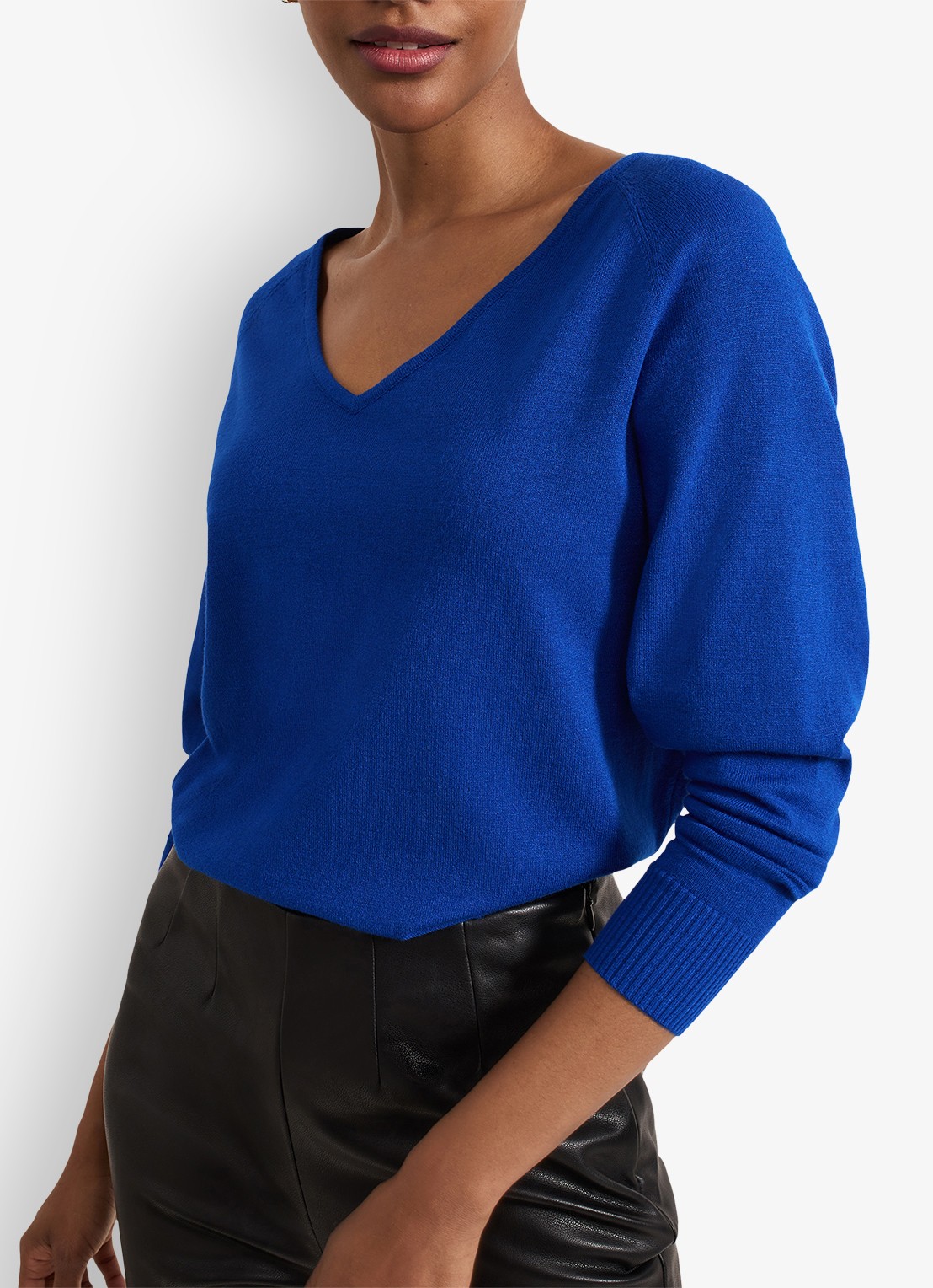 Phase Eight Senita fijngebreide trui met V-hals - voorkant 2 blauw