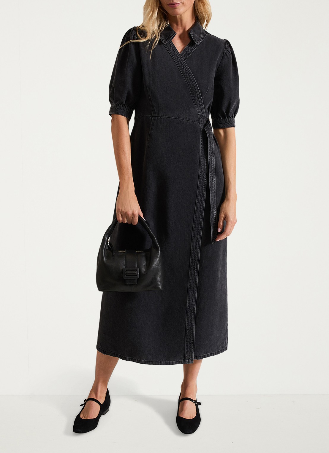 Phase Eight Senita midi wikeljurk van denim met gekleurde wassing - detail 4 donkergrijs